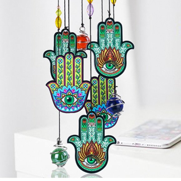 HAMSA Hand Symbol Hanging Beaded Metal Windchime Sun Wind Chime NEW - Picture 3 of 9